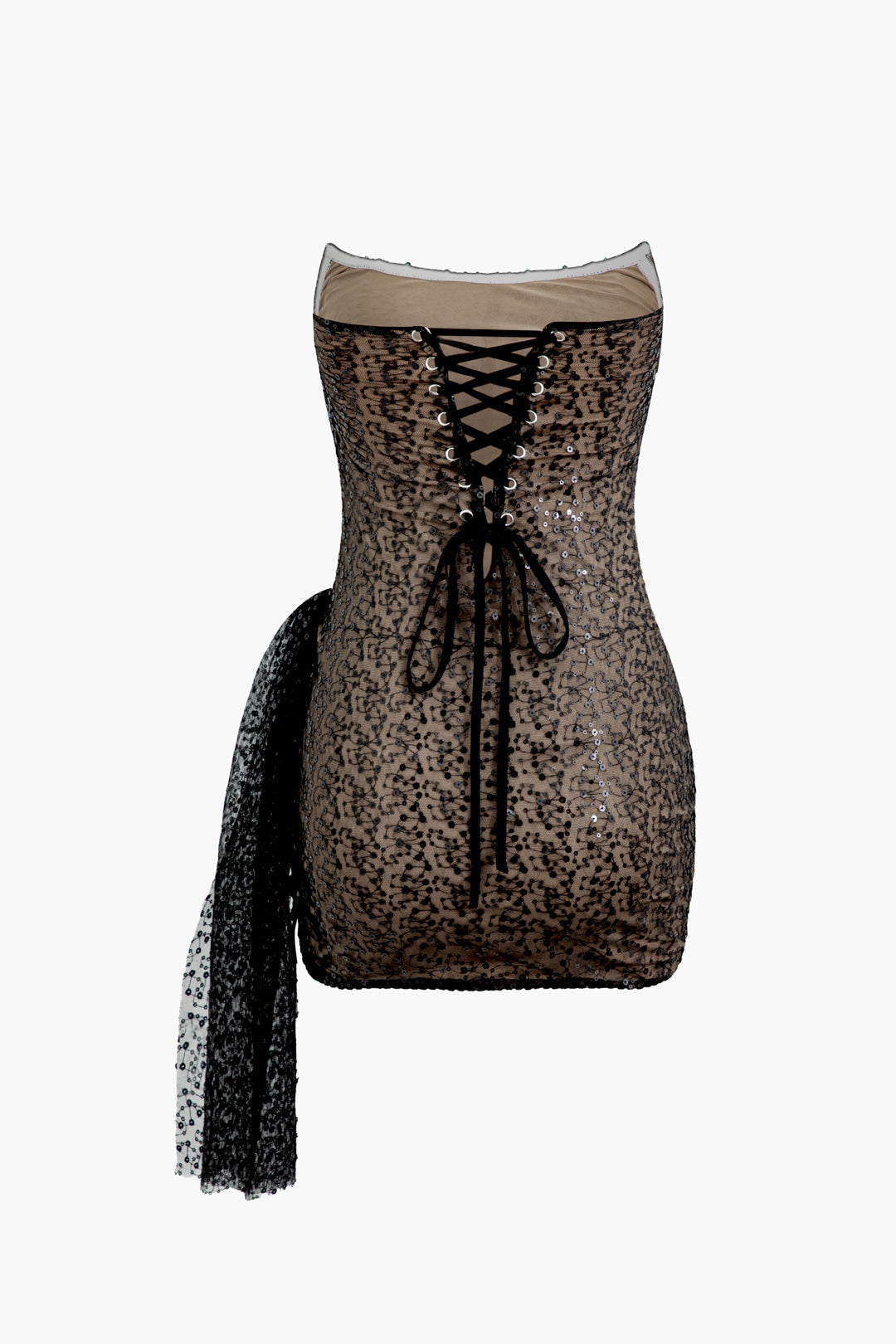 Sequin Tie Braided Eyelet Strapless Mini Dress - Y2K Aesthetic Party Outfit for Trendy Women Sequin Tie Braided Eyelet Strapless Mini Dress - Y2K Aesthetic Party Outfit for Trendy Women