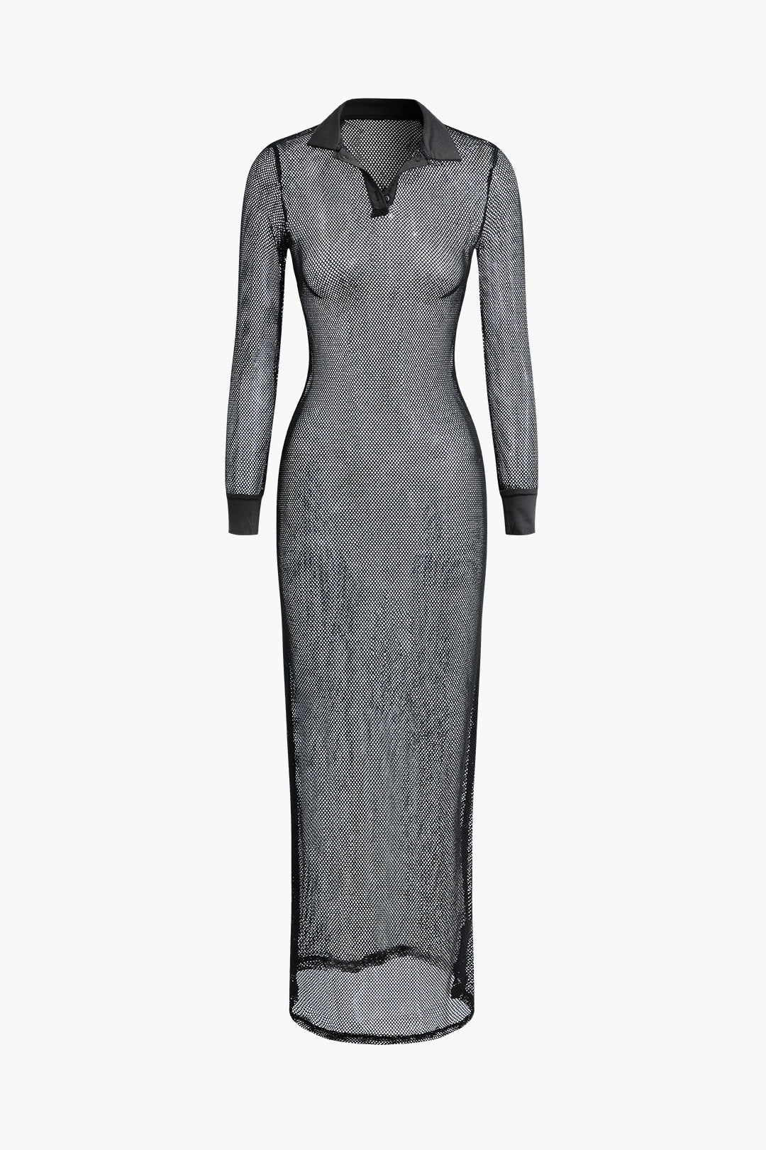 Sheer Knit Collared Long Sleeve Maxi Dress - Y2K Aesthetic Cover-Up for Stylish Outfits Sheer Knit Collared Long Sleeve Maxi Dress - Y2K Aesthetic Cover-Up for Stylish Outfits