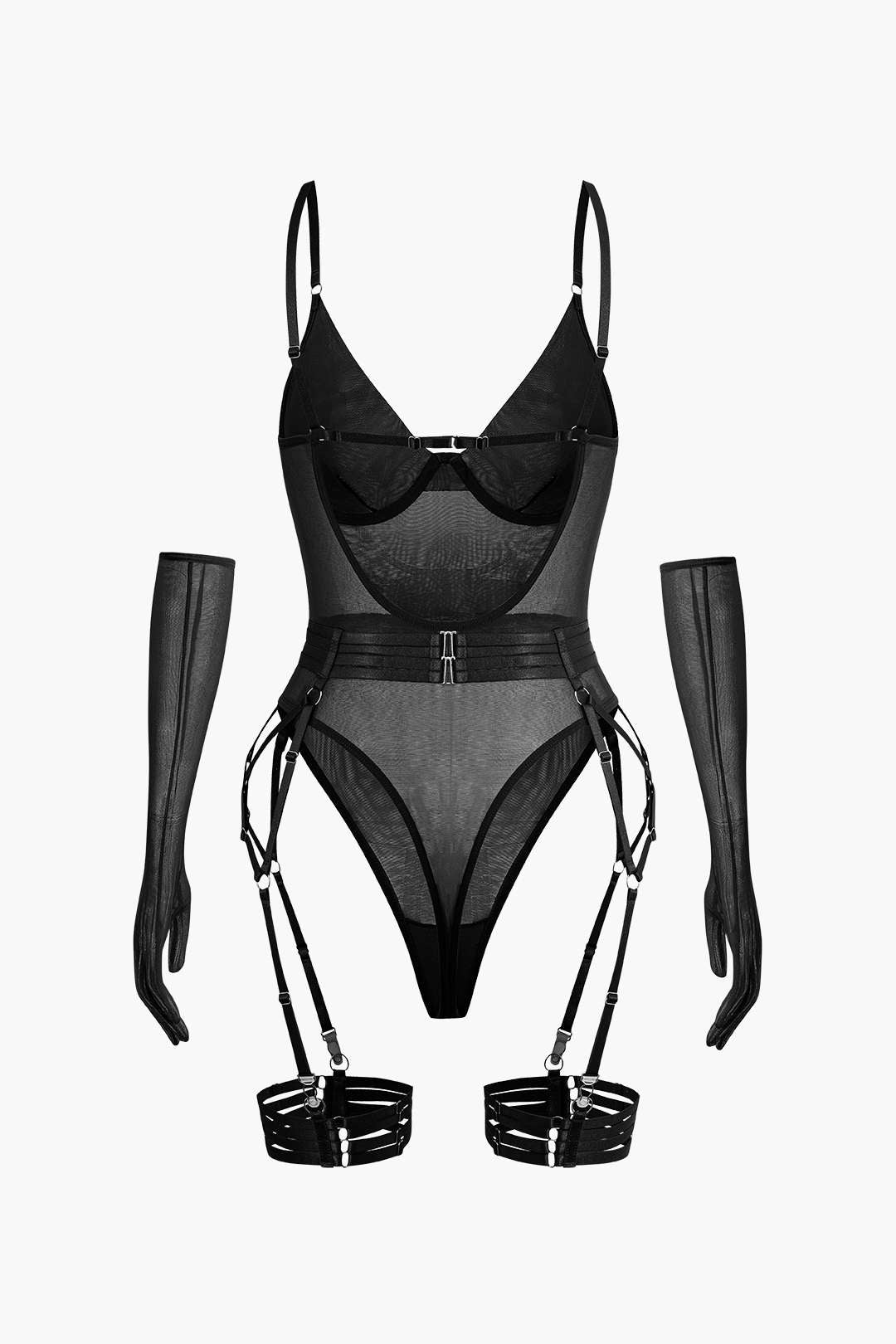 Sheer Mesh Backless Bodysuit with Belt and Gloves for Y2K Fashion Aesthetic Sheer Mesh Backless Bodysuit with Belt and Gloves for Y2K Fashion Aesthetic