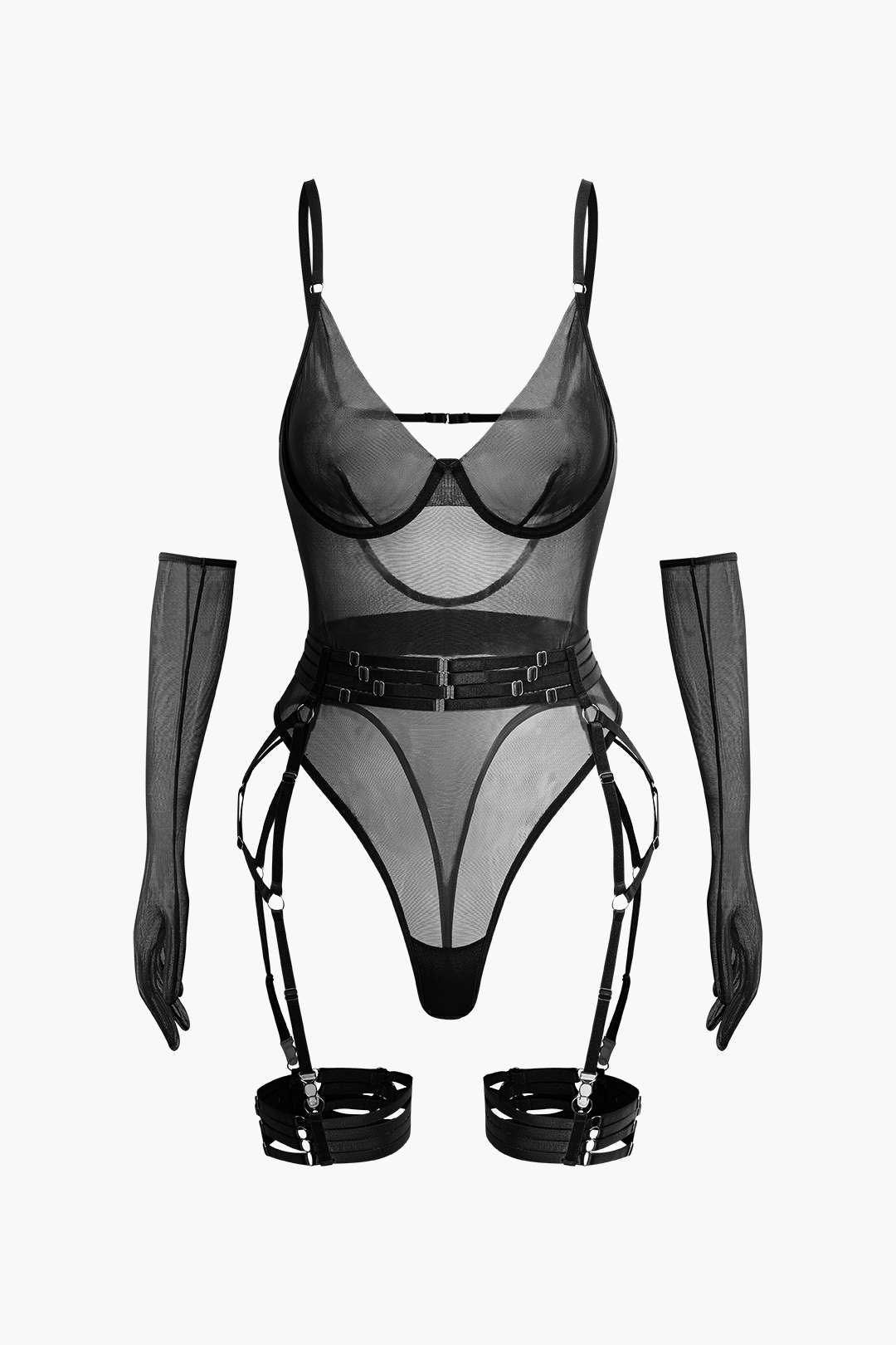 Sheer Mesh Backless Bodysuit with Belt and Gloves for Y2K Fashion Aesthetic Sheer Mesh Backless Bodysuit with Belt and Gloves for Y2K Fashion Aesthetic
