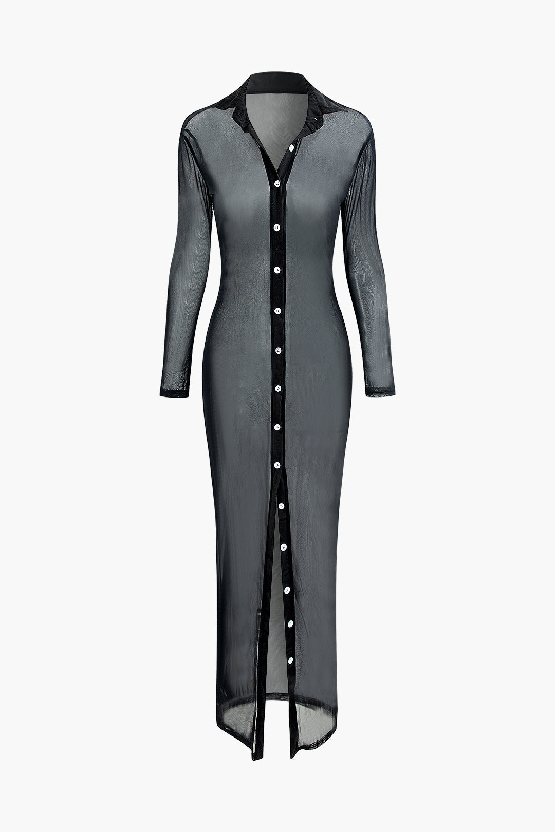 Sheer Mesh Collar Button-Up Maxi Dress - Y2K Aesthetic Chic for Effortless Style