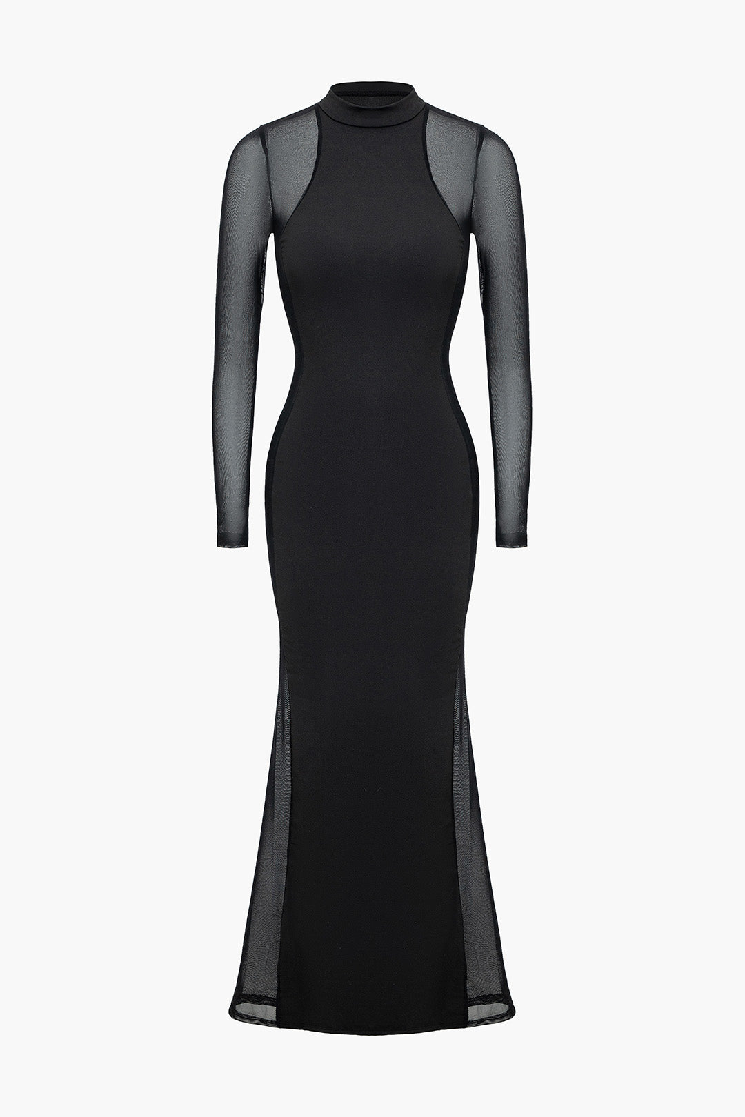 Sheer Mesh Patchwork Mock Neck Long Sleeve Dress - Y2K Aesthetic Maxi Fashion