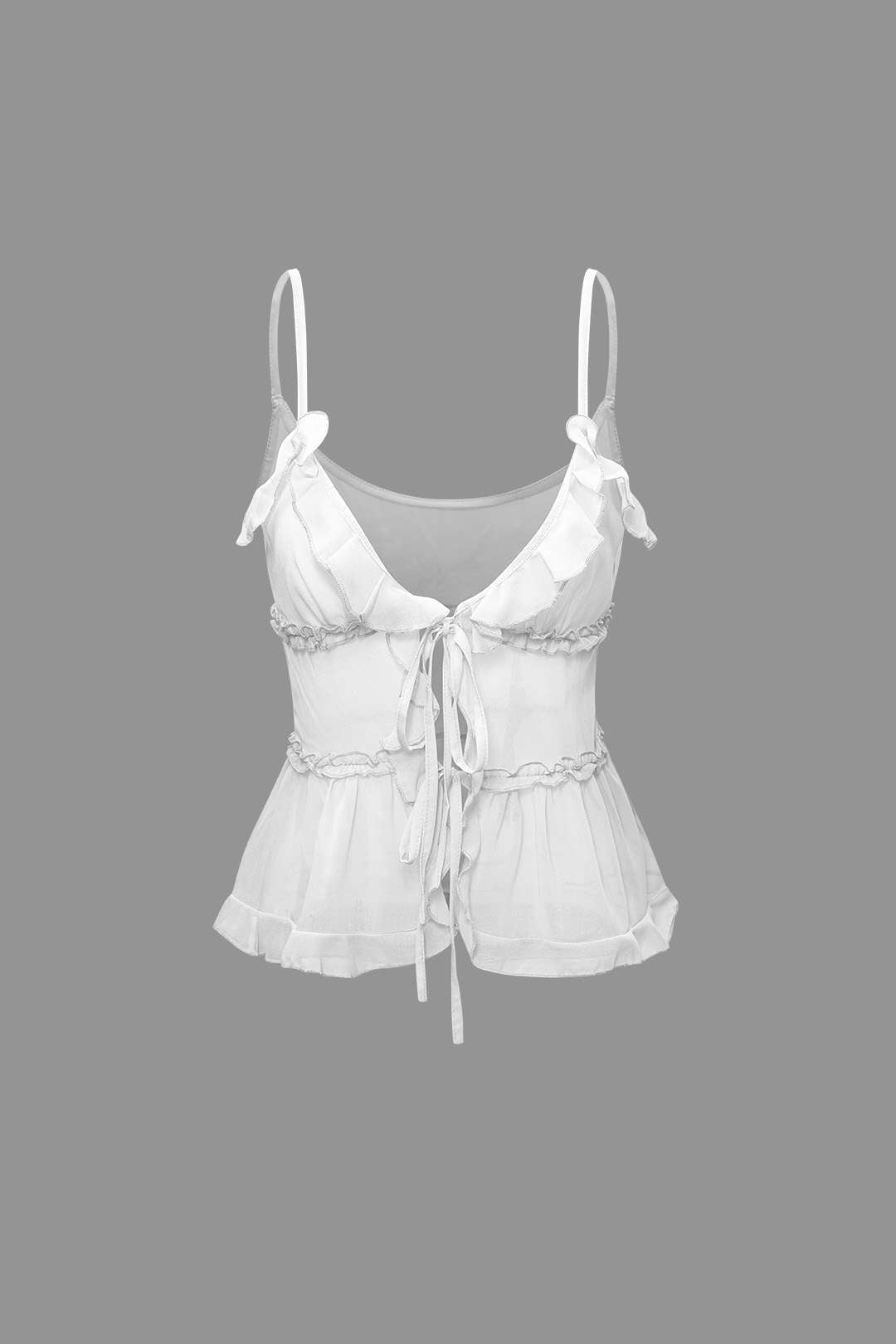 Sheer Ruffle Tie Front Cami Top - Y2K Aesthetic Cute Top for Stylish Outfits Sheer Ruffle Tie Front Cami Top - Y2K Aesthetic Cute Top for Stylish Outfits
