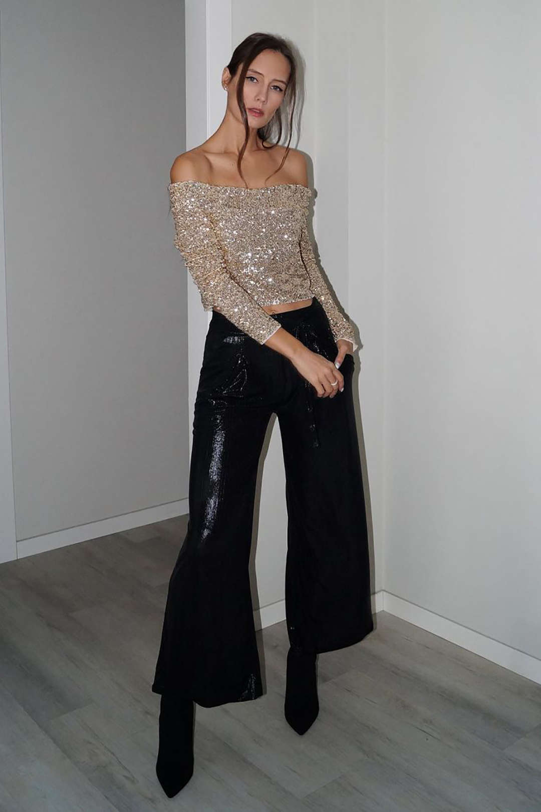 Sparkly High-Waisted Wide Leg Trousers for Y2K Fashion and Coquette Aesthetic Outfits