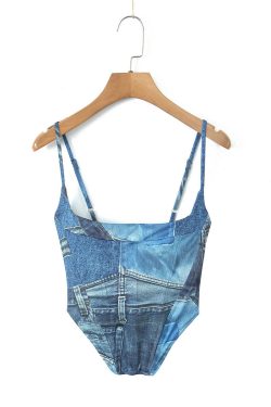 Square Neck Denim Cami Top - Y2K Aesthetic Cute Crop Top for Stylish Outfits
