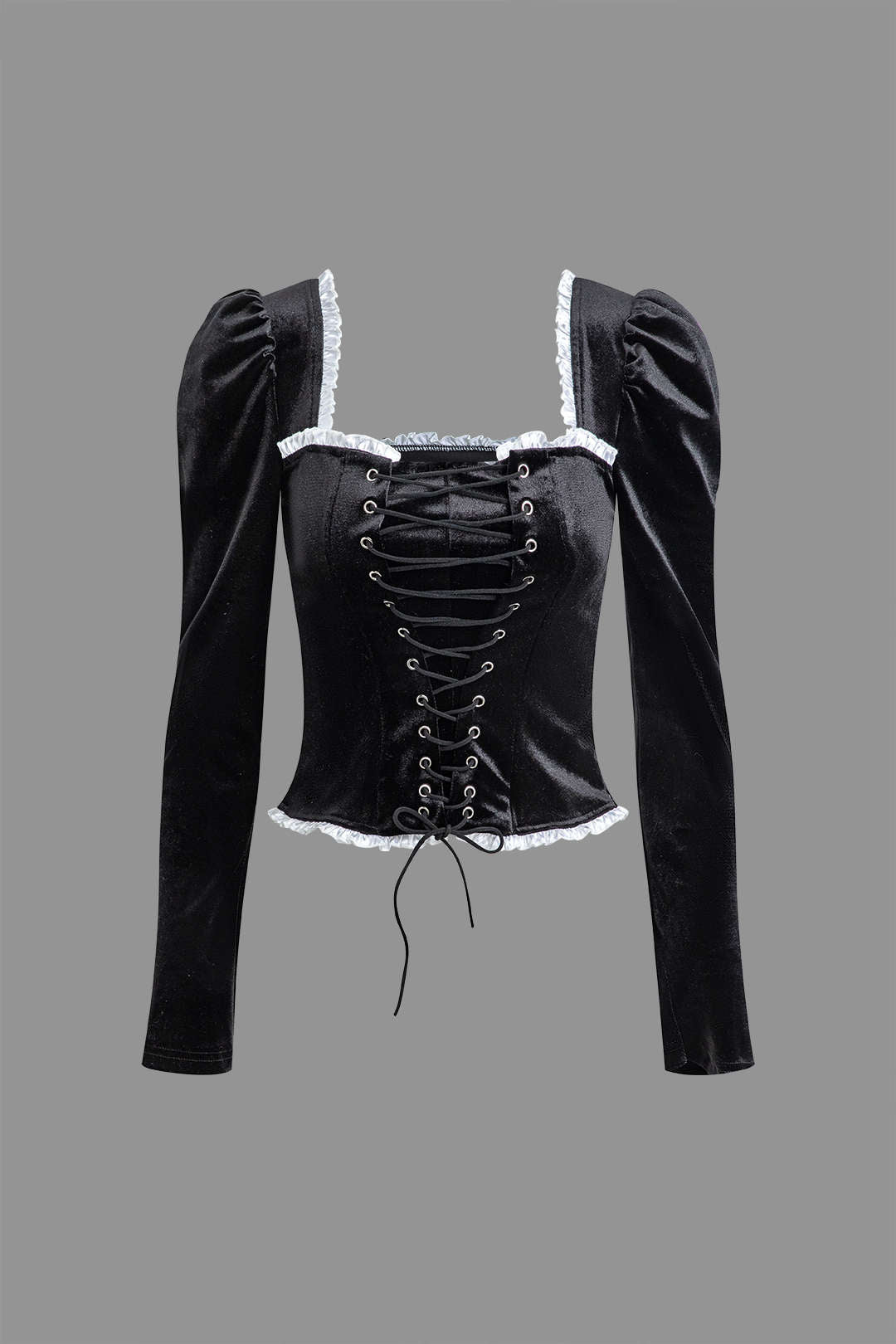 Square Neck Velvet Top with Contrast Frill Trim and Lace-Up Detail - Y2K Aesthetic Fashion Square Neck Velvet Top with Contrast Frill Trim and Lace-Up Detail - Y2K Aesthetic Fashion