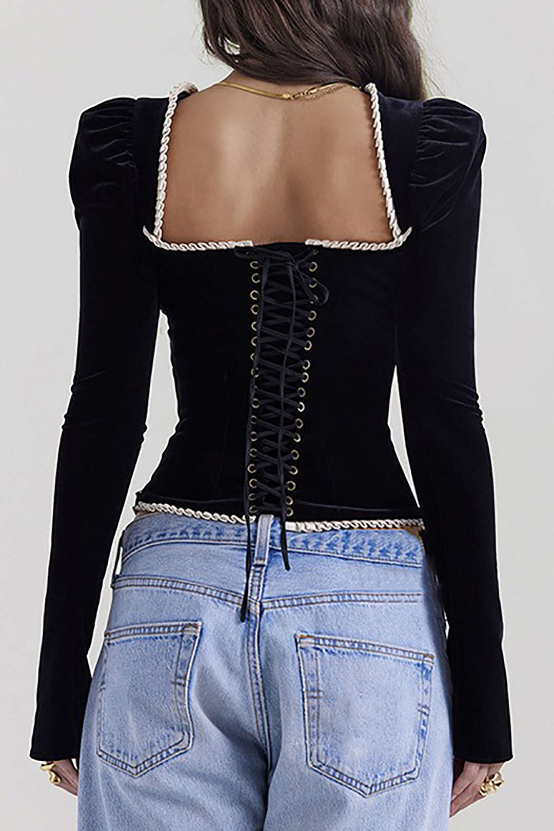 Square Neck Velvet Top with Contrast Frill Trim and Lace-Up Detail - Y2K Aesthetic Fashion Square Neck Velvet Top with Contrast Frill Trim and Lace-Up Detail - Y2K Aesthetic Fashion