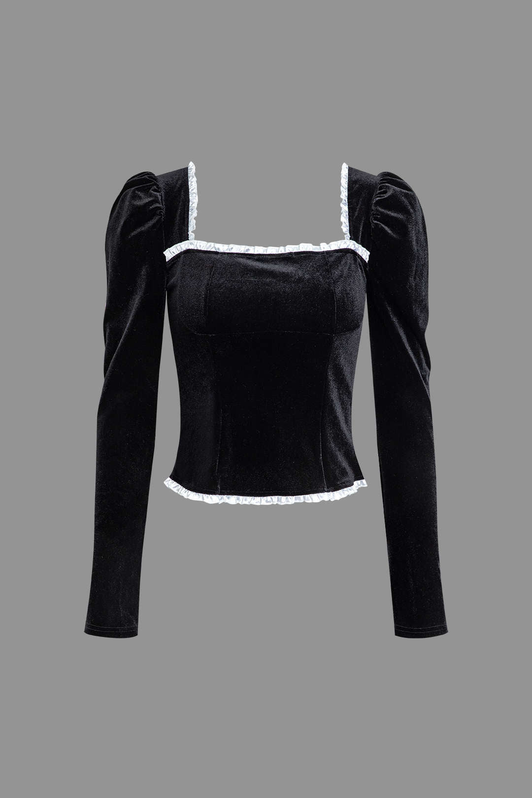 Square Neck Velvet Top with Contrast Frill Trim and Lace-Up Detail - Y2K Aesthetic Fashion Square Neck Velvet Top with Contrast Frill Trim and Lace-Up Detail - Y2K Aesthetic Fashion