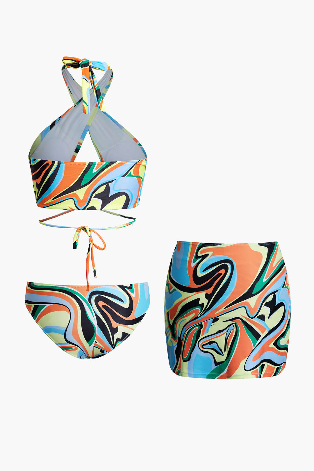 Swirl Print Cross Halter Bikini with Cover-Up Skirt - Y2K Aesthetic 3-Piece Set Swirl Print Cross Halter Bikini with Cover-Up Skirt - Y2K Aesthetic 3-Piece Set