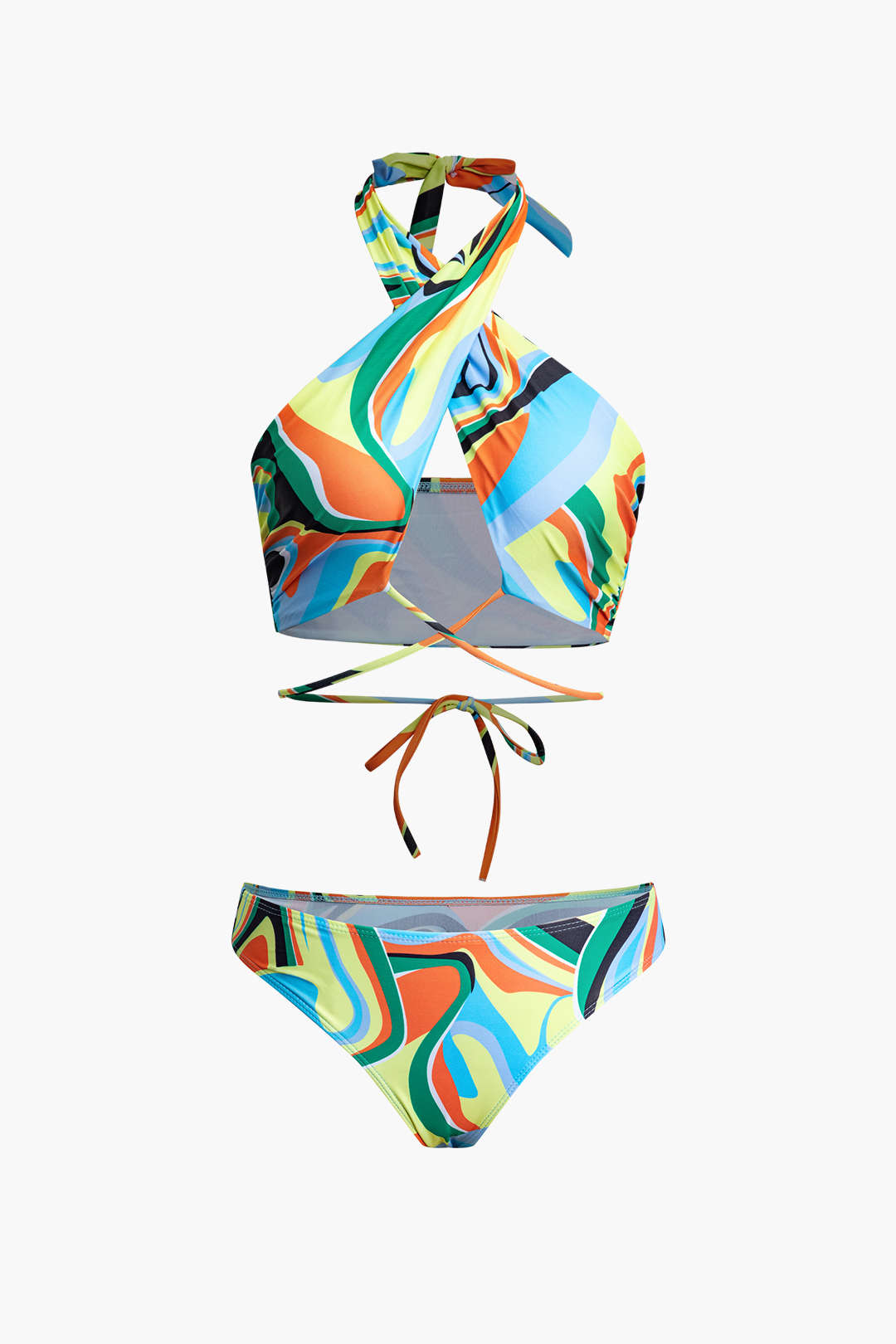 Swirl Print Cross Halter Bikini with Cover-Up Skirt - Y2K Aesthetic 3-Piece Set Swirl Print Cross Halter Bikini with Cover-Up Skirt - Y2K Aesthetic 3-Piece Set