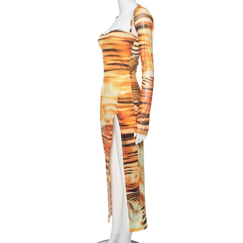 Tiger Print Y2K Aesthetic Long Sleeve Contrast Slit Cami Midi Dress for Trendy Looks Tiger Print Y2K Aesthetic Long Sleeve Contrast Slit Cami Midi Dress for Trendy Looks