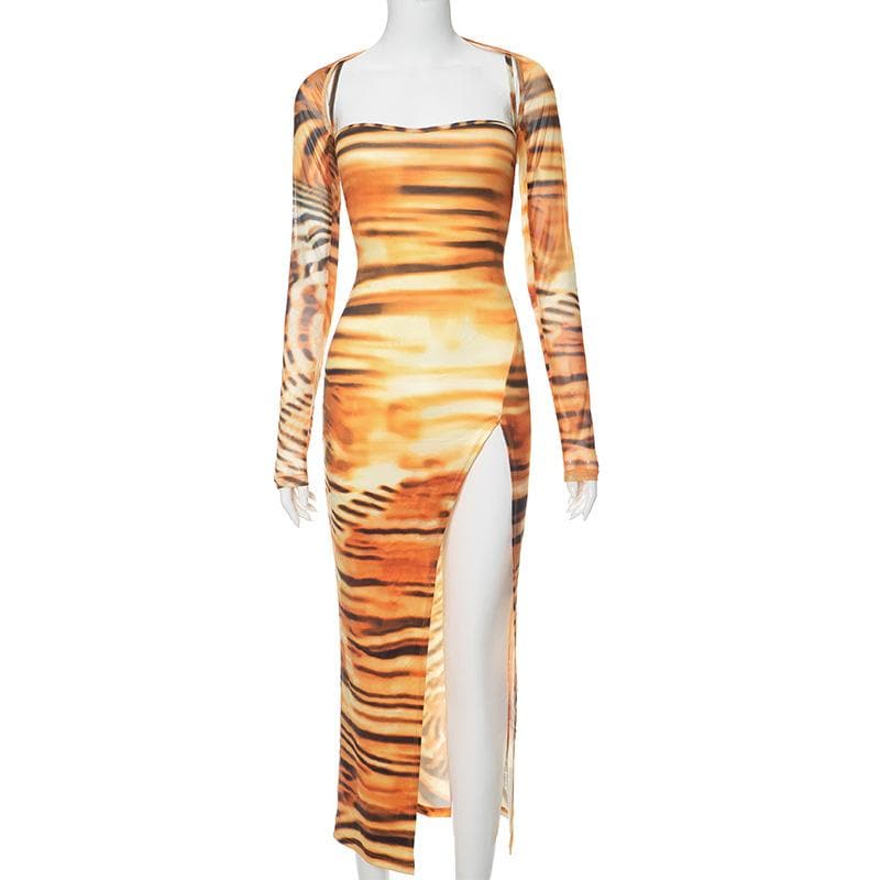 Tiger Print Y2K Aesthetic Long Sleeve Contrast Slit Cami Midi Dress for Trendy Looks Tiger Print Y2K Aesthetic Long Sleeve Contrast Slit Cami Midi Dress for Trendy Looks