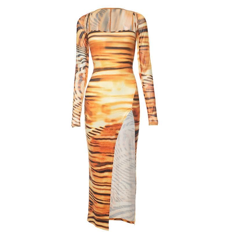 Tiger Print Y2K Aesthetic Long Sleeve Contrast Slit Cami Midi Dress for Trendy Looks Tiger Print Y2K Aesthetic Long Sleeve Contrast Slit Cami Midi Dress for Trendy Looks