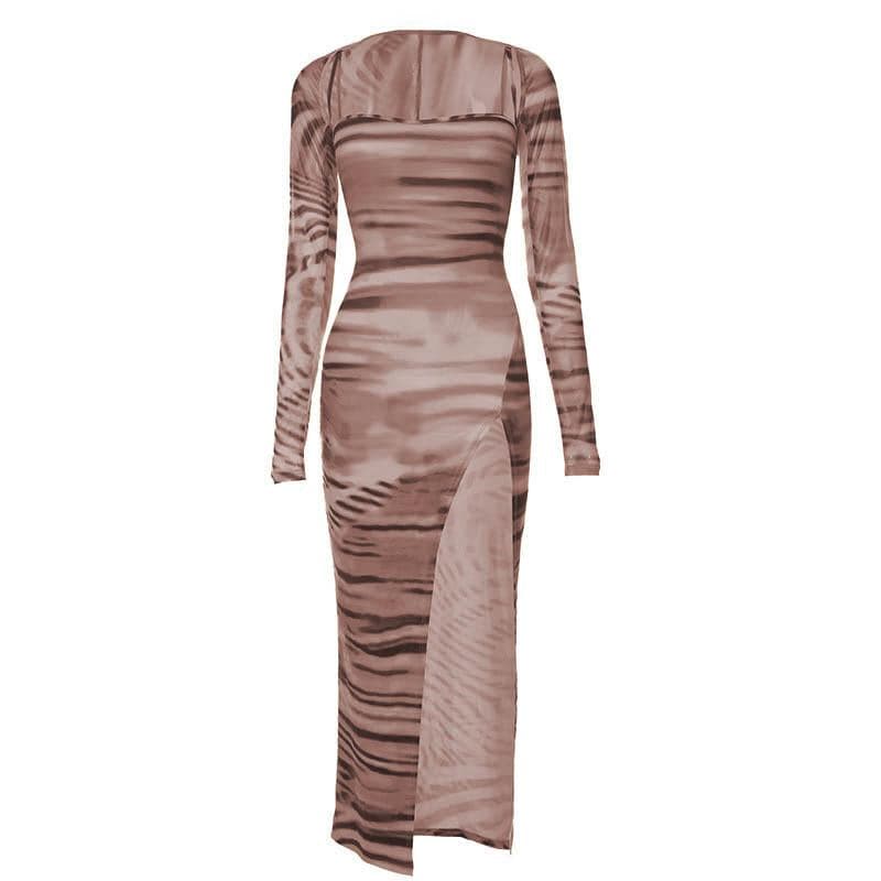 Tiger Print Y2K Aesthetic Long Sleeve Contrast Slit Cami Midi Dress for Trendy Looks Tiger Print Y2K Aesthetic Long Sleeve Contrast Slit Cami Midi Dress for Trendy Looks