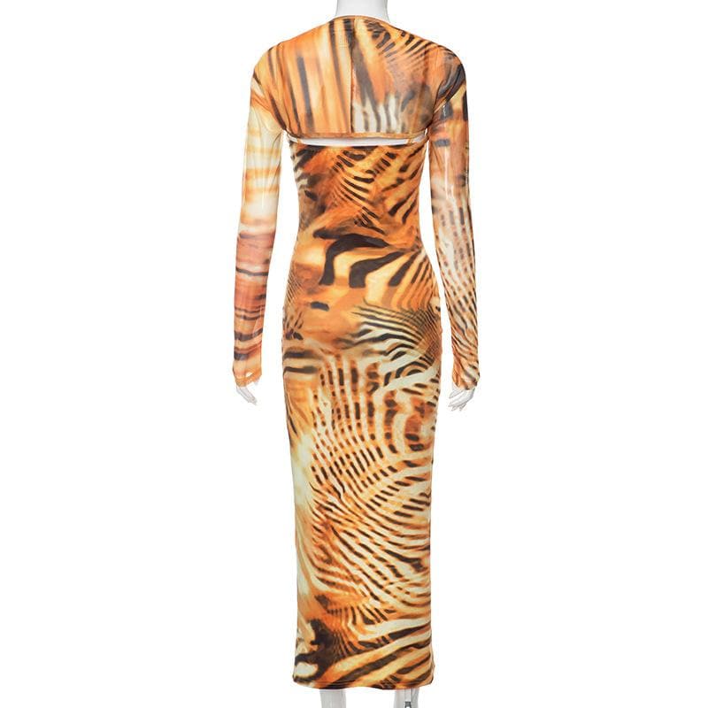 Tiger Print Y2K Aesthetic Long Sleeve Contrast Slit Cami Midi Dress for Trendy Looks Tiger Print Y2K Aesthetic Long Sleeve Contrast Slit Cami Midi Dress for Trendy Looks