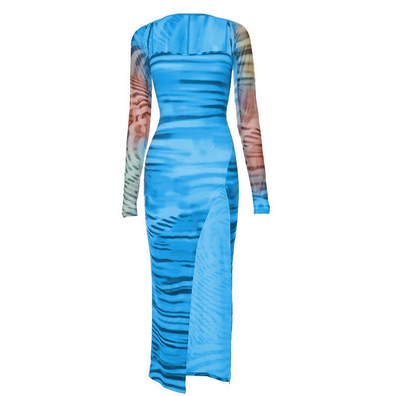 Tiger Print Y2K Aesthetic Long Sleeve Contrast Slit Cami Midi Dress for Trendy Looks Tiger Print Y2K Aesthetic Long Sleeve Contrast Slit Cami Midi Dress for Trendy Looks