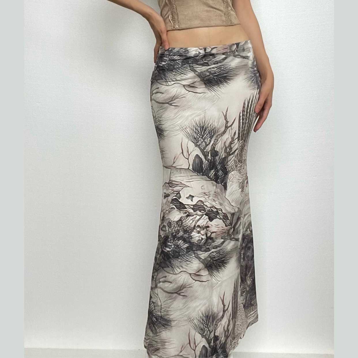 Tree Print Contrast Low Rise Maxi Skirt - Y2K Aesthetic Boho Style for Trendy Outfits Tree Print Contrast Low Rise Maxi Skirt - Y2K Aesthetic Boho Style for Trendy Outfits