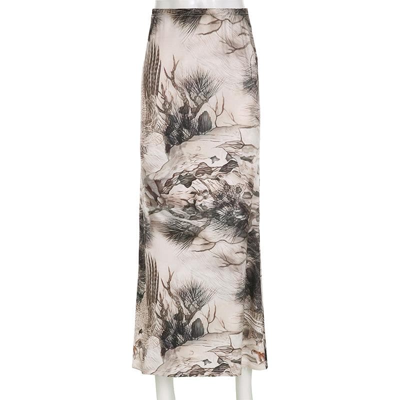 Tree Print Contrast Low Rise Maxi Skirt - Y2K Aesthetic Boho Style for Trendy Outfits Tree Print Contrast Low Rise Maxi Skirt - Y2K Aesthetic Boho Style for Trendy Outfits