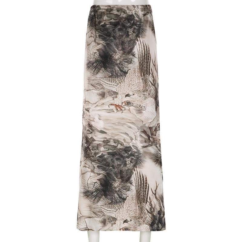 Tree Print Contrast Low Rise Maxi Skirt - Y2K Aesthetic Boho Style for Trendy Outfits Tree Print Contrast Low Rise Maxi Skirt - Y2K Aesthetic Boho Style for Trendy Outfits