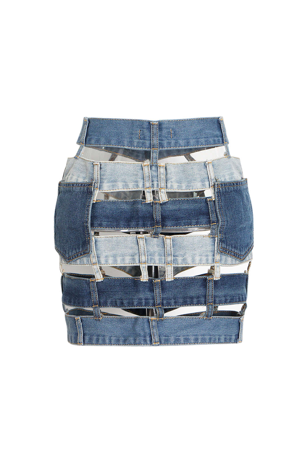 Trendy Patchwork Cut Out Denim Skirt for Y2K Aesthetic and Grunge Style Lovers
