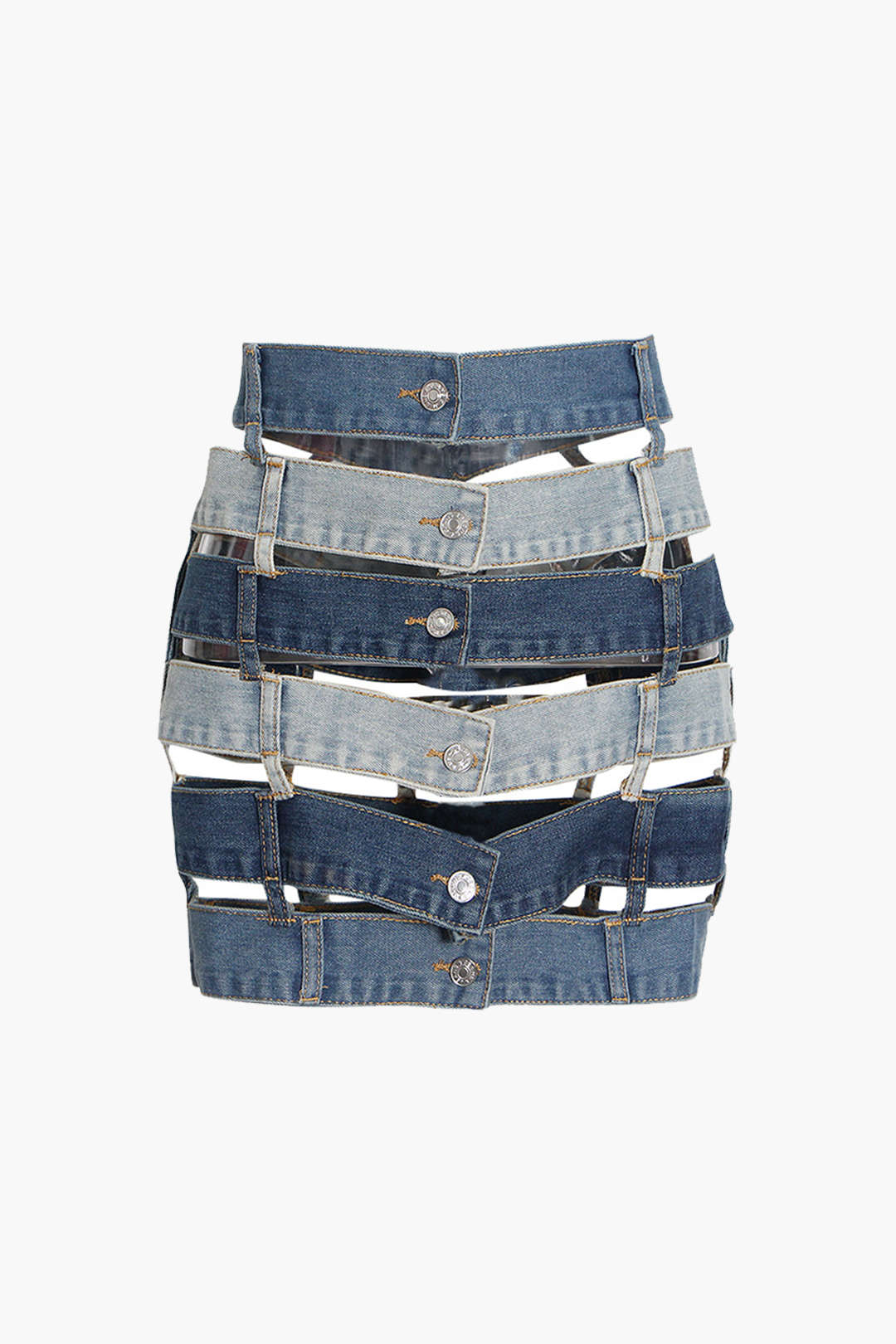 Trendy Patchwork Cut Out Denim Skirt for Y2K Aesthetic and Grunge Style Lovers