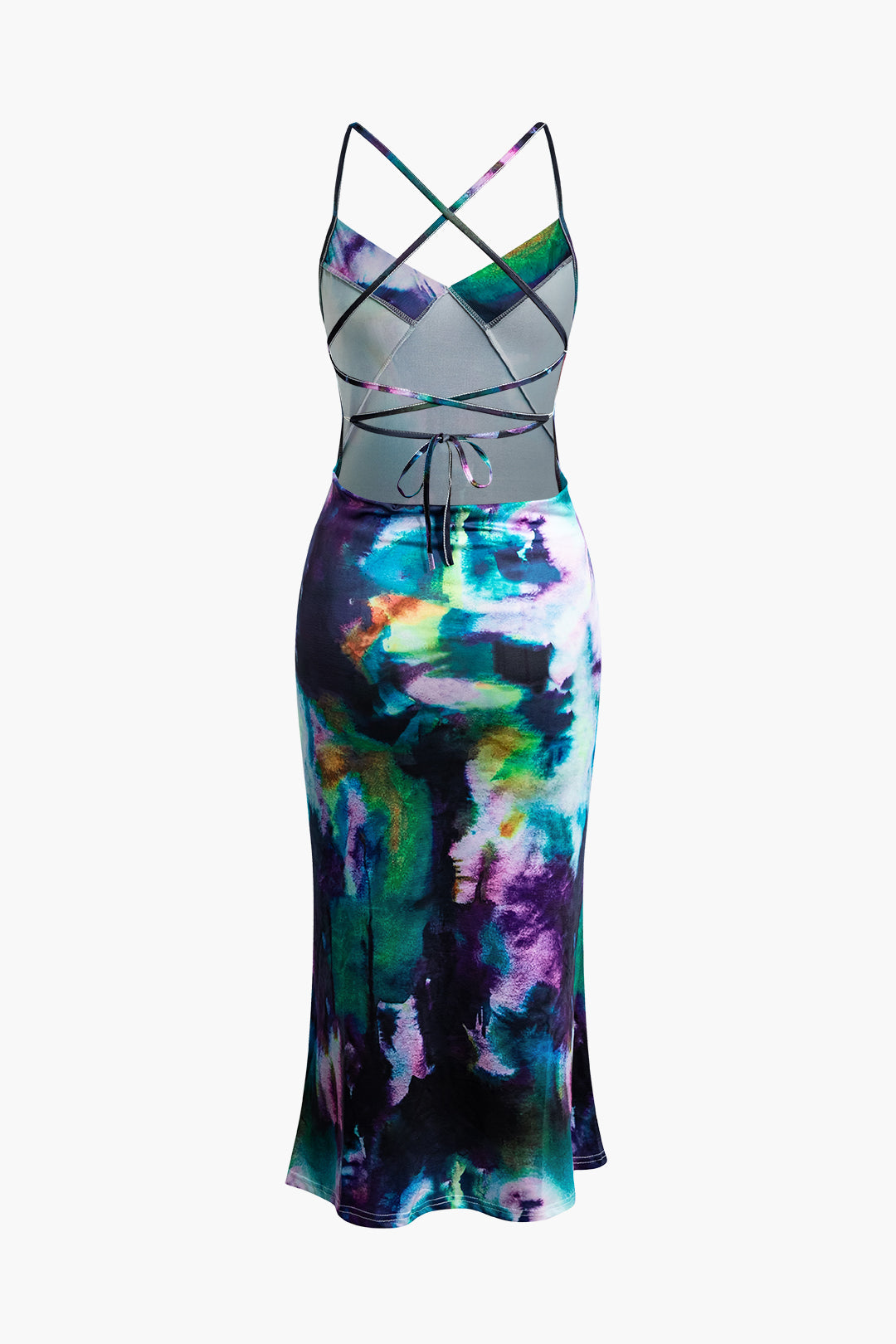 Trendy Tie Dye Backless V-Neck Midi Dress for Y2K Aesthetic and Coquette Style Trendy Tie Dye Backless V-Neck Midi Dress for Y2K Aesthetic and Coquette Style