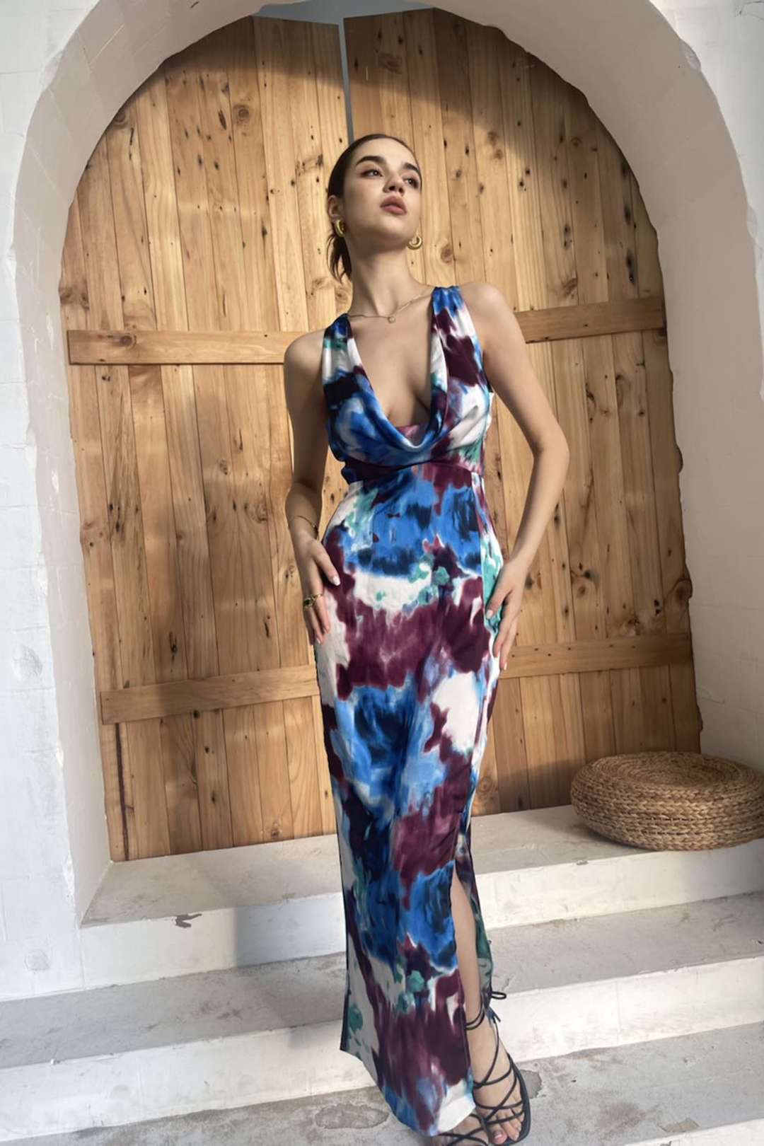 Trendy Tie Dye Cowl Neck Slit Maxi Dress for Y2K Aesthetic and Coquette Style Trendy Tie Dye Cowl Neck Slit Maxi Dress for Y2K Aesthetic and Coquette Style