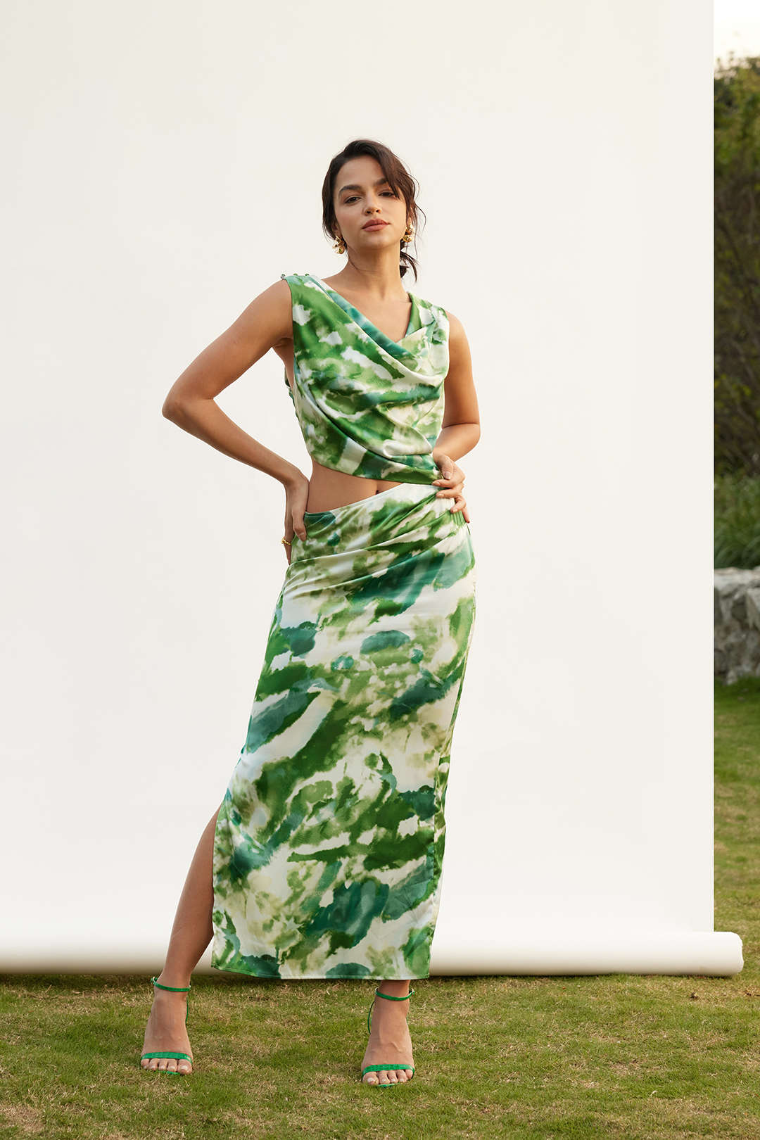 Trendy Tie Dye Cut Out Ruched Cowl Neck Slit Midi Dress for Y2K Aesthetic Lovers Trendy Tie Dye Cut Out Ruched Cowl Neck Slit Midi Dress for Y2K Aesthetic Lovers