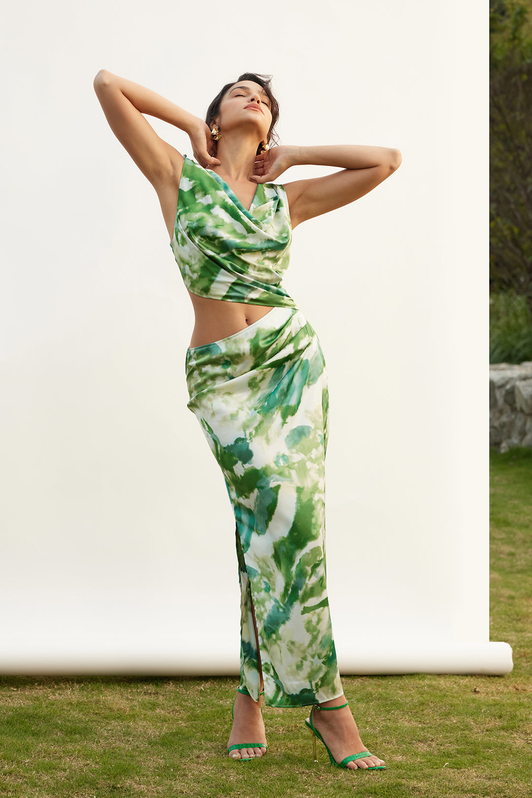 Trendy Tie Dye Cut Out Ruched Cowl Neck Slit Midi Dress for Y2K Aesthetic Lovers Trendy Tie Dye Cut Out Ruched Cowl Neck Slit Midi Dress for Y2K Aesthetic Lovers