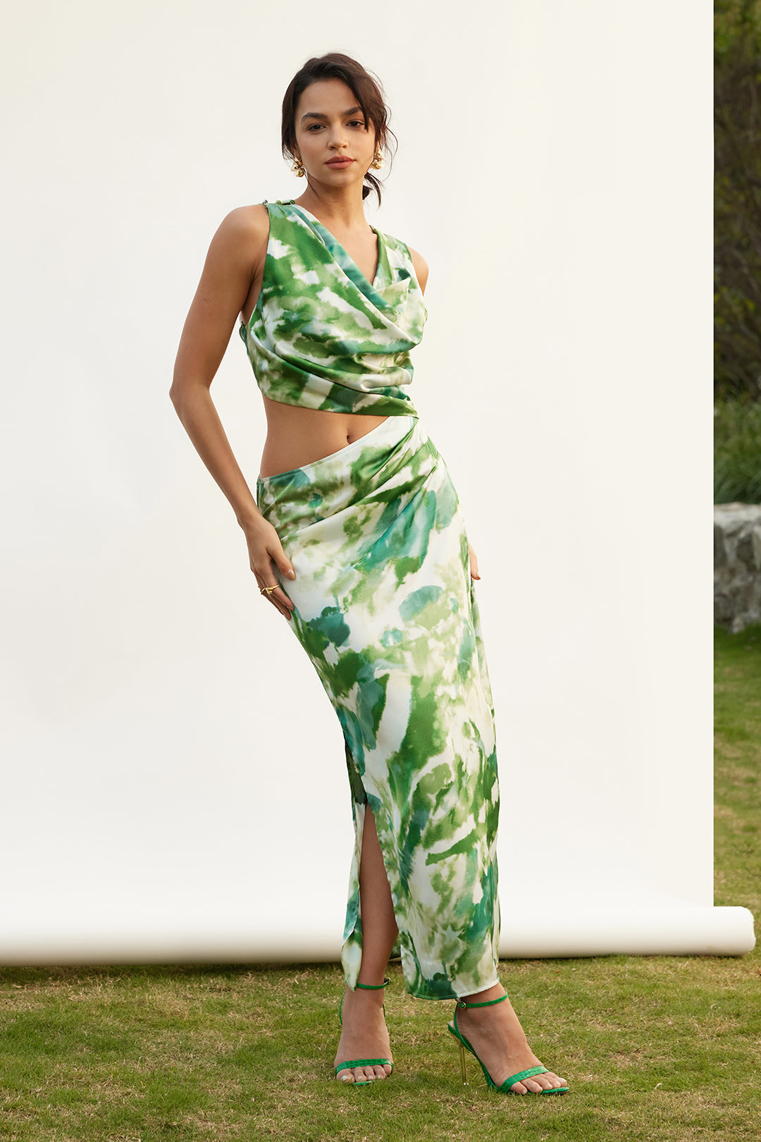 Trendy Tie Dye Cut Out Ruched Cowl Neck Slit Midi Dress for Y2K Aesthetic Lovers Trendy Tie Dye Cut Out Ruched Cowl Neck Slit Midi Dress for Y2K Aesthetic Lovers