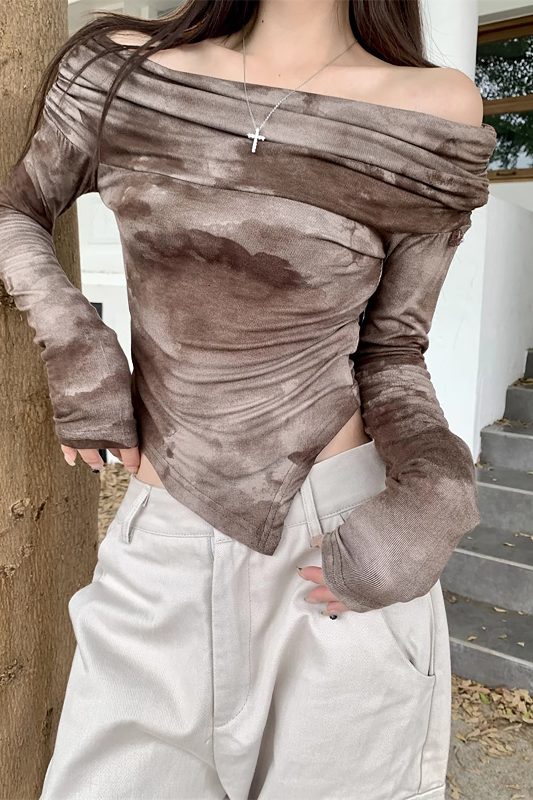 Trendy Tie Dye Off Shoulder Asymmetrical Long Sleeve Ruched Top for Y2K Aesthetic