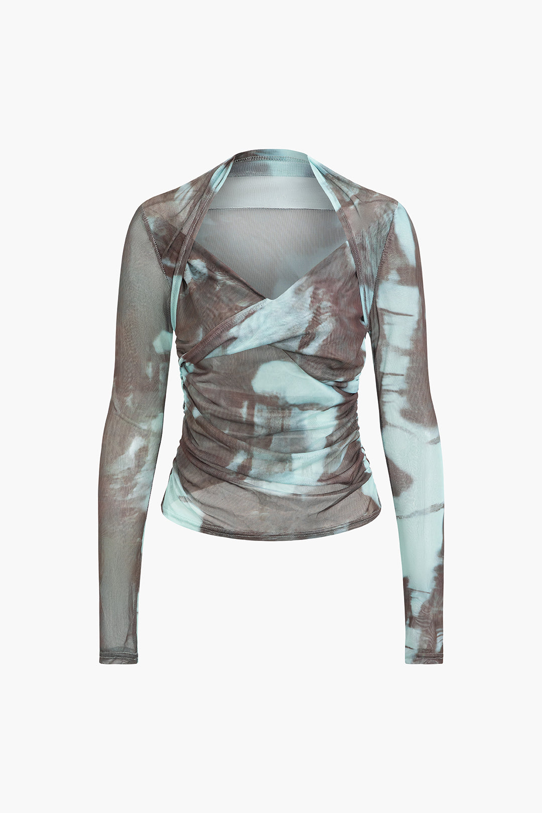 Trendy Tie Dye V-Neck Twist Front Mesh Ruched Long Sleeve Top for Y2K Aesthetic Outfits