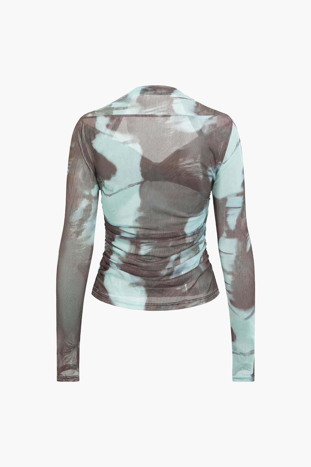 Trendy Tie Dye V-Neck Twist Front Mesh Ruched Long Sleeve Top for Y2K Aesthetic Outfits