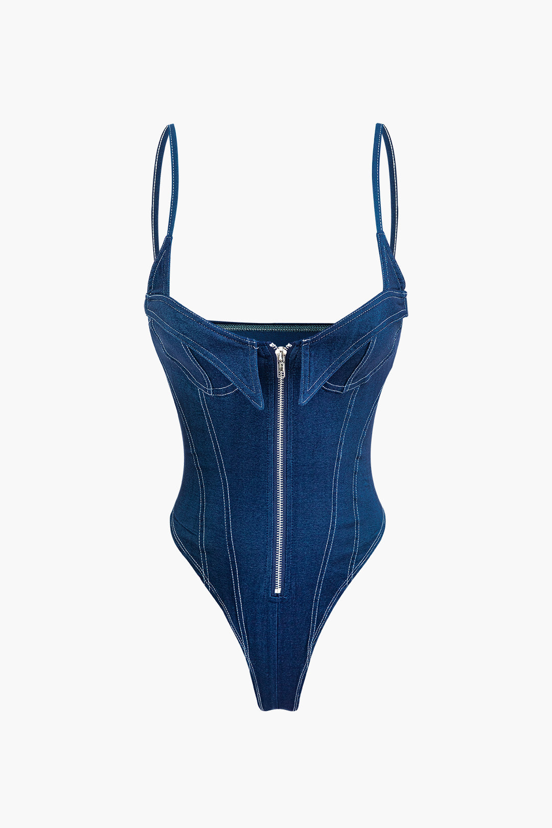 Trendy Y2K Zip Up Denim Sleeveless Bodysuit for Chic Coquette and Grunge Aesthetic Looks