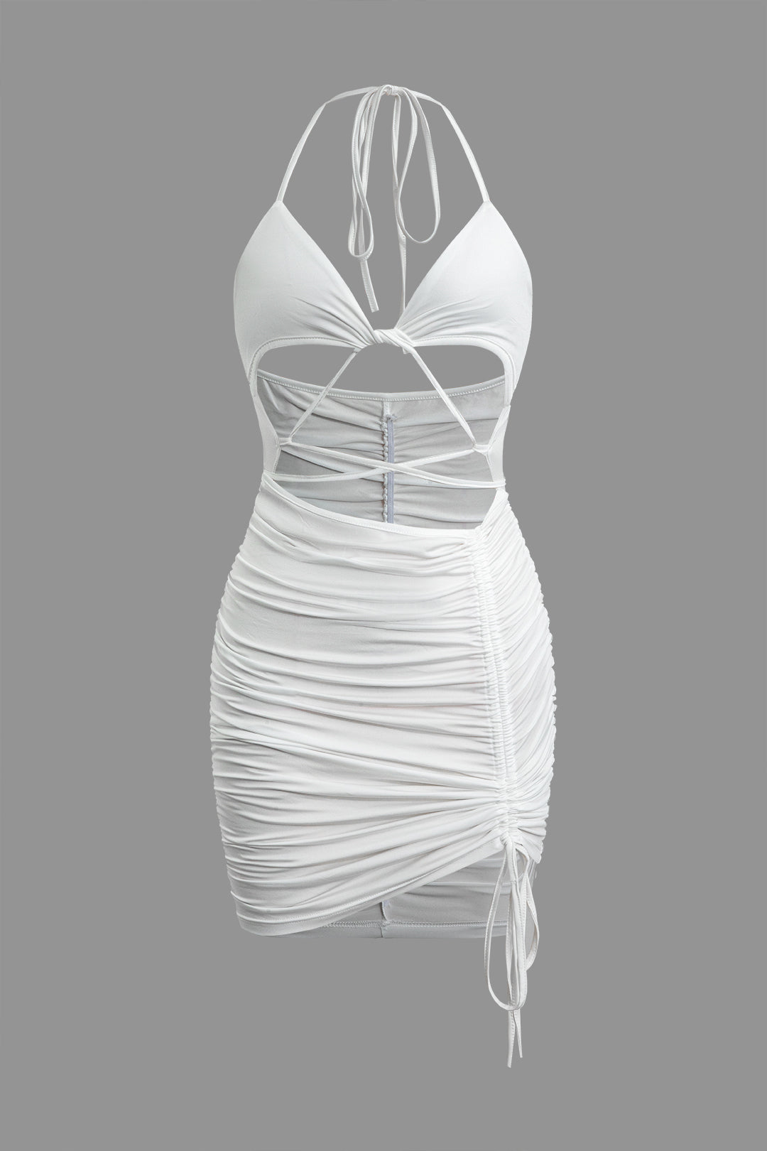 Twist Ruched Tie Halter Cut Out Mini Dress - Y2K Aesthetic Party Dress for Trendy Looks Twist Ruched Tie Halter Cut Out Mini Dress - Y2K Aesthetic Party Dress for Trendy Looks