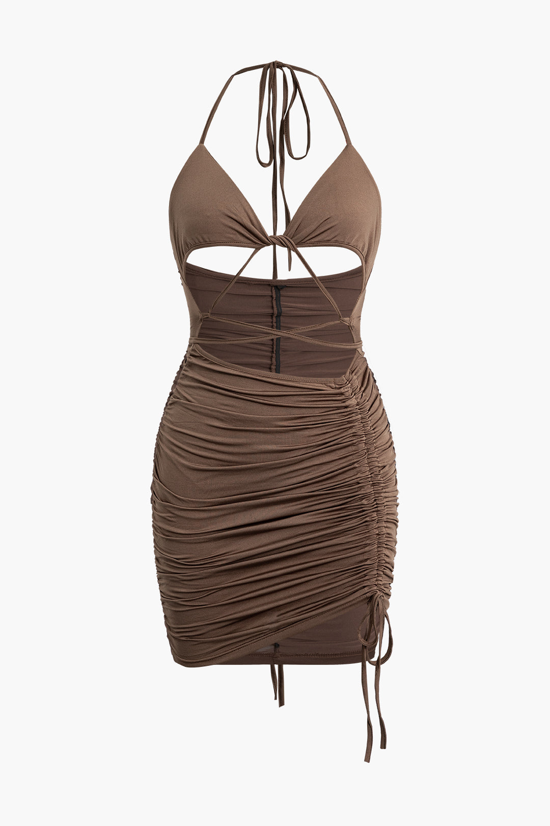 Twist Ruched Tie Halter Cut Out Mini Dress - Y2K Aesthetic Party Dress for Trendy Looks Twist Ruched Tie Halter Cut Out Mini Dress - Y2K Aesthetic Party Dress for Trendy Looks