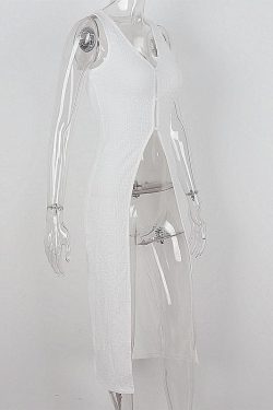 U Neck Slit Button Solid Sleeveless Long Top - Y2K Aesthetic Chic for Effortless Style