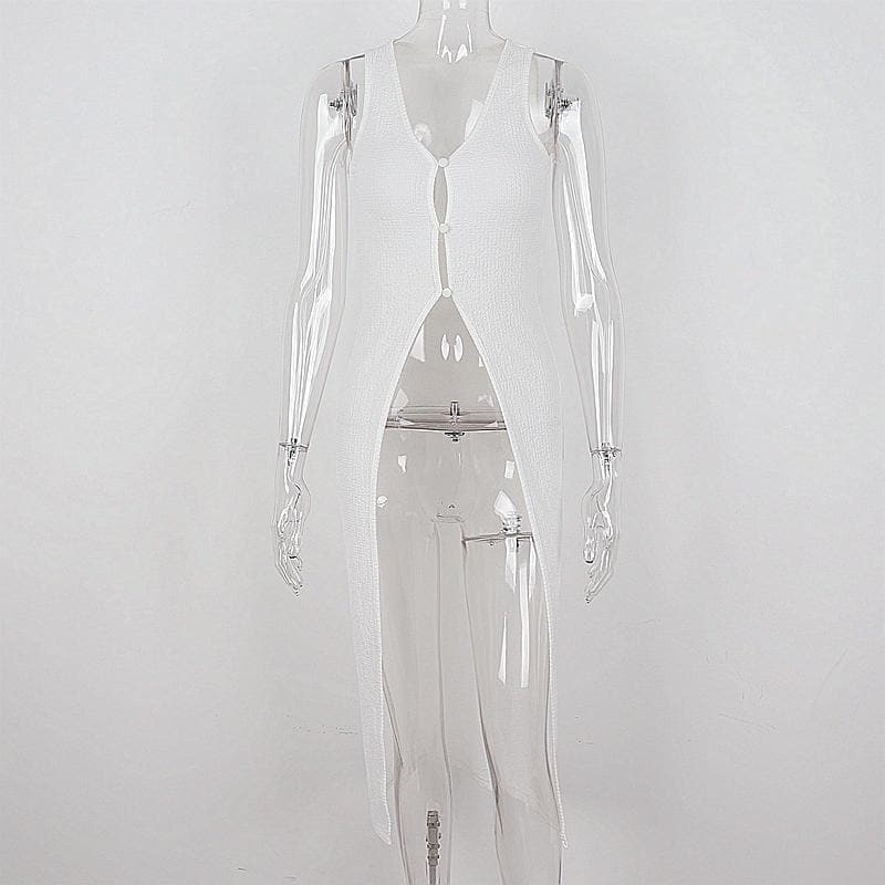 U Neck Slit Button Solid Sleeveless Long Top - Y2K Aesthetic Chic for Effortless Style U Neck Slit Button Solid Sleeveless Long Top - Y2K Aesthetic Chic for Effortless Style