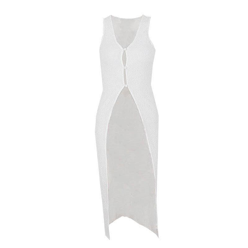U Neck Slit Button Solid Sleeveless Long Top - Y2K Aesthetic Chic for Effortless Style U Neck Slit Button Solid Sleeveless Long Top - Y2K Aesthetic Chic for Effortless Style