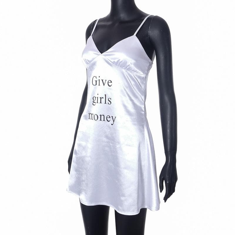 V-Neck Backless Cami Mini Dress with 'Give Girls Money' Print - Y2K Aesthetic Fashion V-Neck Backless Cami Mini Dress with 'Give Girls Money' Print - Y2K Aesthetic Fashion
