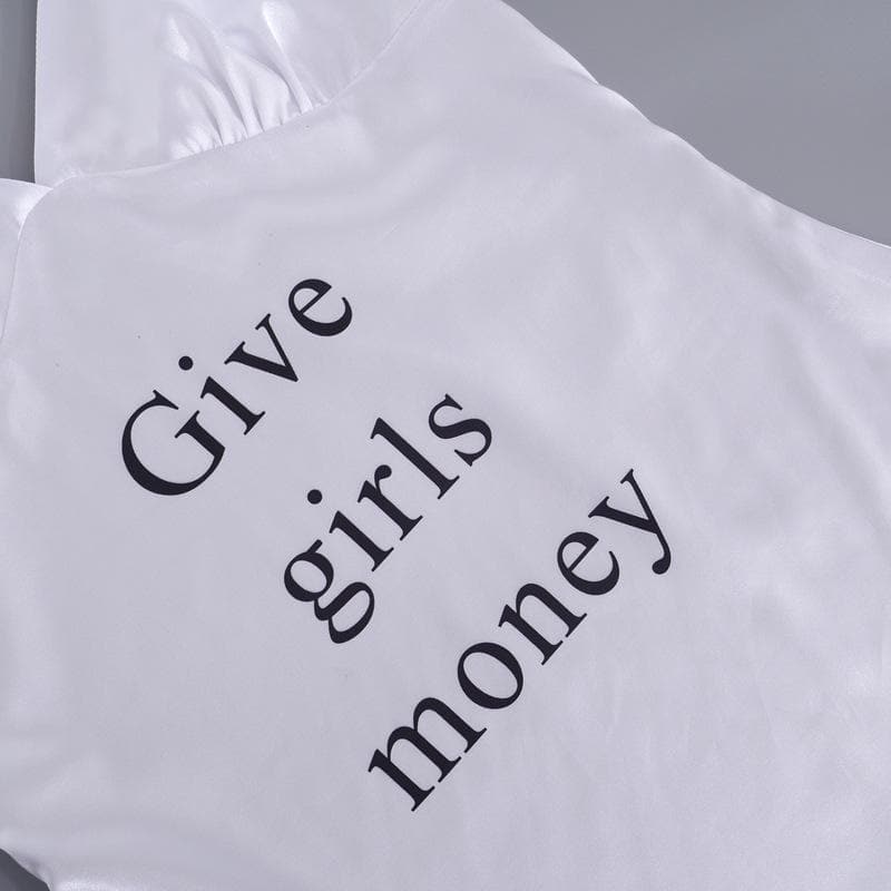 V-Neck Backless Cami Mini Dress with 'Give Girls Money' Print - Y2K Aesthetic Fashion V-Neck Backless Cami Mini Dress with 'Give Girls Money' Print - Y2K Aesthetic Fashion
