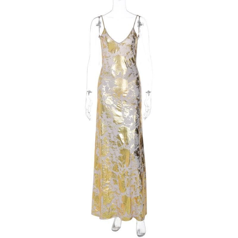V-Neck Backless Metallic Print Contrast Cami Maxi Dress for Y2K Aesthetic Outfits V-Neck Backless Metallic Print Contrast Cami Maxi Dress for Y2K Aesthetic Outfits