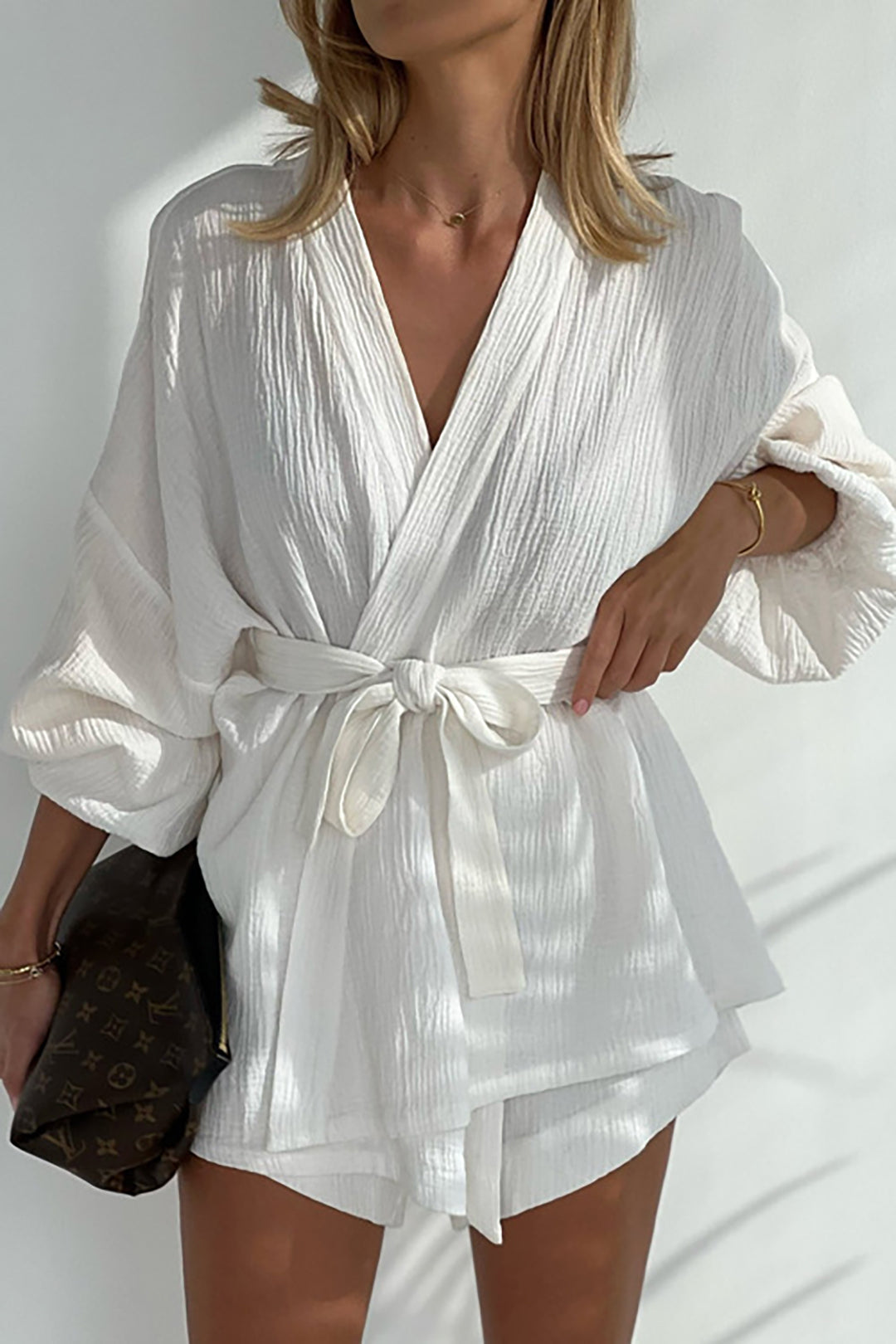 V-Neck Belted Long Sleeve Shirt & Elastic Waist Shorts Set for Y2K Aesthetic Outfits V-Neck Belted Long Sleeve Shirt & Elastic Waist Shorts Set for Y2K Aesthetic Outfits