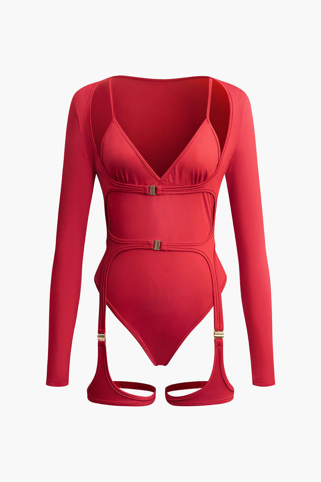 V-Neck Buckle Cut-Out Long Sleeve Bodysuit in Y2K Aesthetic Style for Trendy Looks