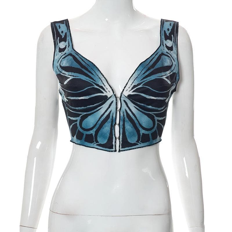 V-Neck Butterfly Print Buttoned Crop Top - Y2K Aesthetic Cute Top for Stylish Outfits V-Neck Butterfly Print Buttoned Crop Top - Y2K Aesthetic Cute Top for Stylish Outfits