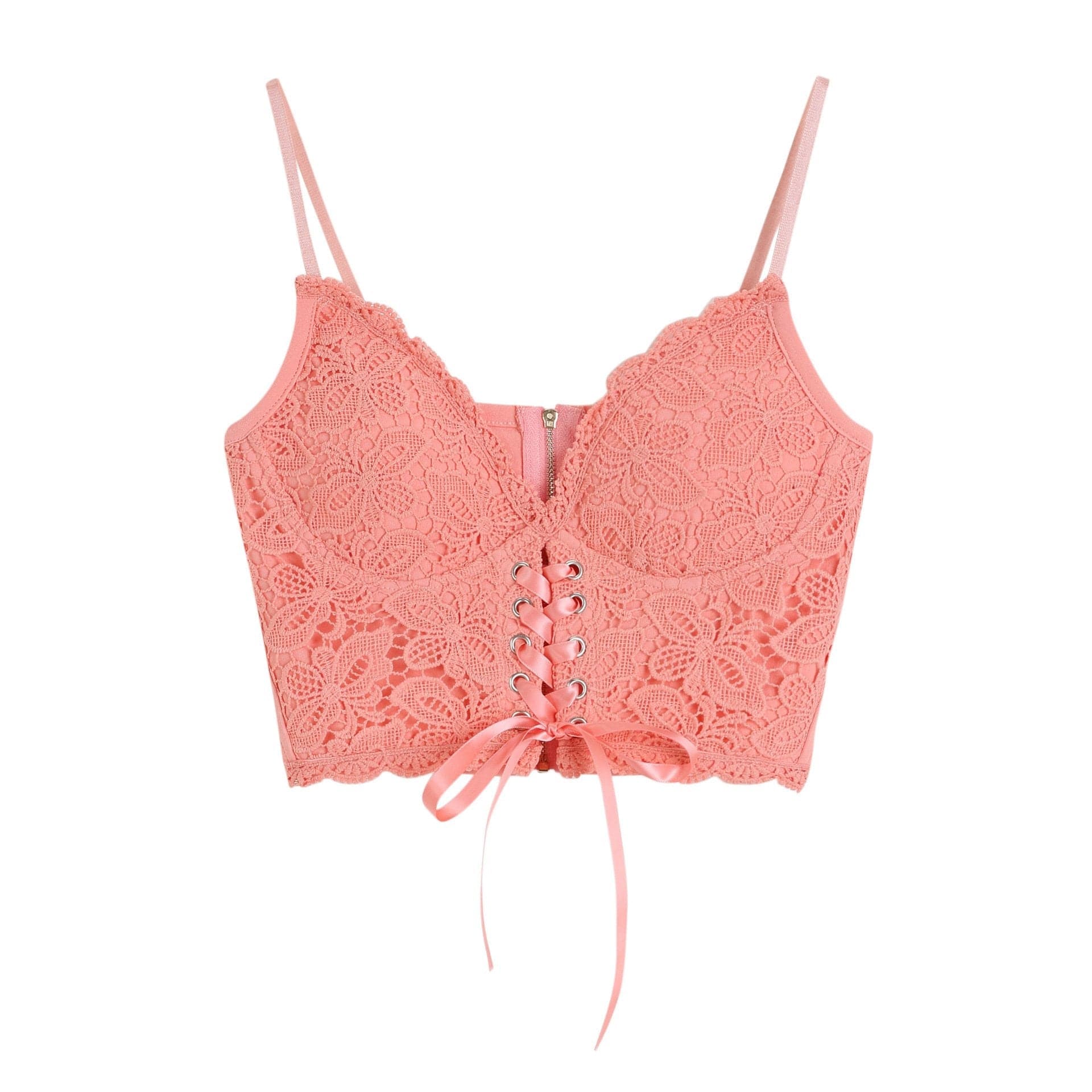 V-Neck Heart Neck Solid Lace-Up Zip-Up Cami Top with Lace Hem for Y2K Aesthetic Outfits V-Neck Heart Neck Solid Lace-Up Zip-Up Cami Top with Lace Hem for Y2K Aesthetic Outfits