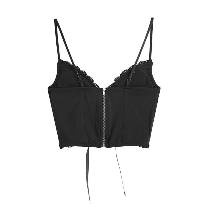 V-Neck Heart Neck Solid Lace-Up Zip-Up Cami Top with Lace Hem for Y2K Aesthetic Outfits V-Neck Heart Neck Solid Lace-Up Zip-Up Cami Top with Lace Hem for Y2K Aesthetic Outfits