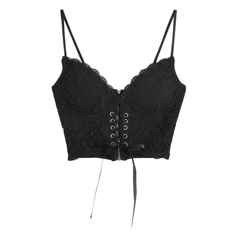 V-Neck Heart Neck Solid Lace-Up Zip-Up Cami Top with Lace Hem for Y2K Aesthetic Outfits V-Neck Heart Neck Solid Lace-Up Zip-Up Cami Top with Lace Hem for Y2K Aesthetic Outfits