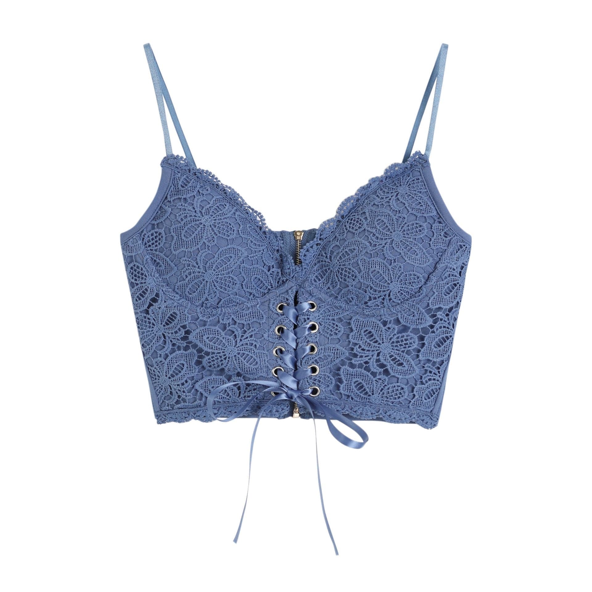 V-Neck Heart Neck Solid Lace-Up Zip-Up Cami Top with Lace Hem for Y2K Aesthetic Outfits V-Neck Heart Neck Solid Lace-Up Zip-Up Cami Top with Lace Hem for Y2K Aesthetic Outfits