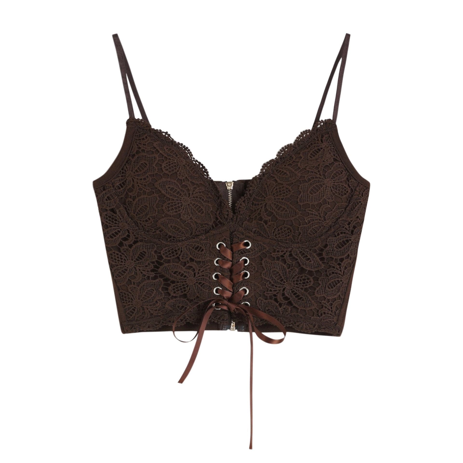 V-Neck Heart Neck Solid Lace-Up Zip-Up Cami Top with Lace Hem for Y2K Aesthetic Outfits V-Neck Heart Neck Solid Lace-Up Zip-Up Cami Top with Lace Hem for Y2K Aesthetic Outfits